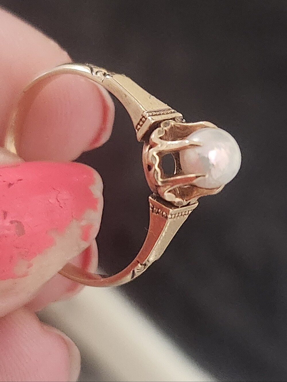 Antique 14k ylw gold Edwardian 6-prong buttercup setting natural pearl ring - Picture 4 of 16